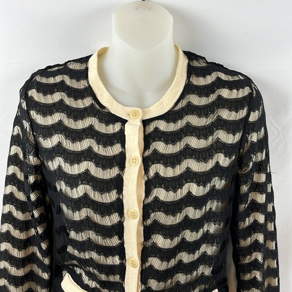 Trina Turk Eyelash Lace Overlay Black Cream Merino Wool Cardigan‎ Sweater Size P - Picture 3 of 9